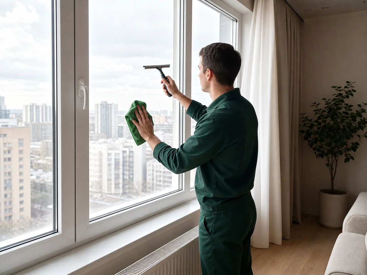 A Laykil Shop team member cleans a large window from inside the apartment